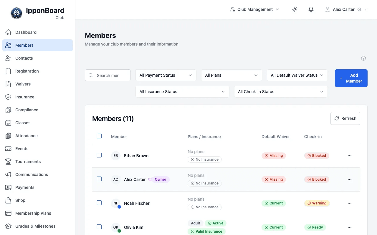 IpponBoard members list with filters for payment status, plans, waivers, insurance and check-in status