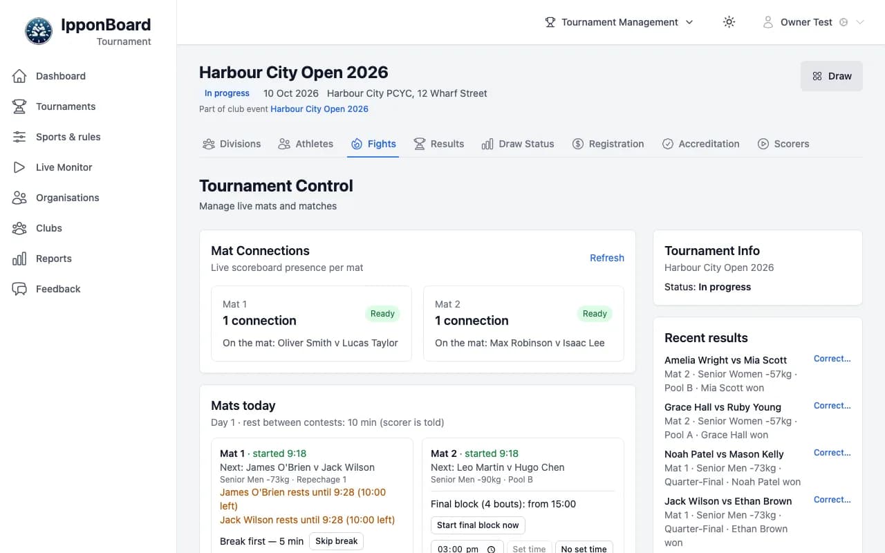 Tournament Control for Harbour City Open 2026: both mats connected and ready, mats today with each mat's next bout and athletes resting, and recent results with a Correct link