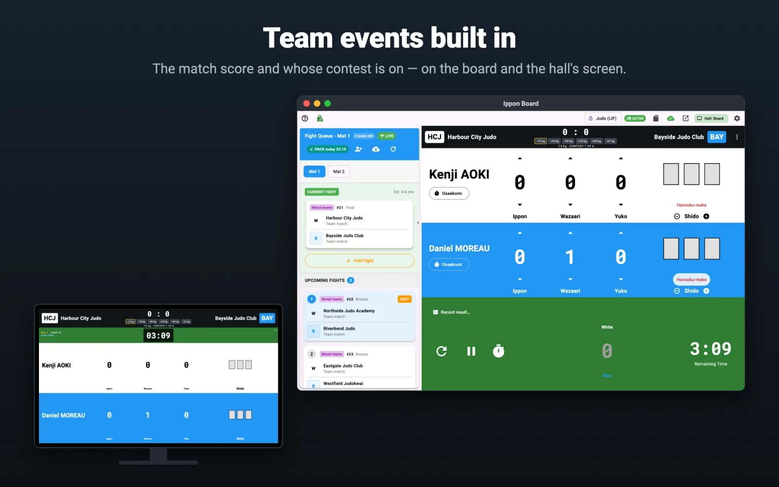 Team events built in: the Scoreboard and the hall's screen showing the team match score and whose contest is on